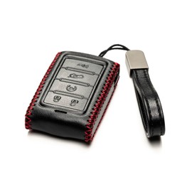 Vitodeco Genuine Leather Smart Key Fob Case - Compatible with Jeep Wagoneer, Grand Wagoneer, Grand Cherokee 2022-2025 (New 5-Button, Black/Red)