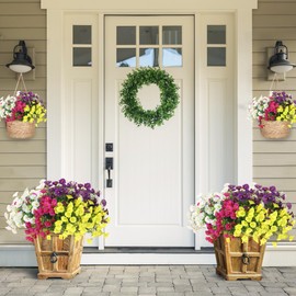 Artificial Flowers for Outdoors 12 Bundles Realistic Faux Plants UV Resistant Fake Silk Morning Glory with Eucalyptus for Front Door Planter Patio Porch Spring Summer Decoration (4 Mixed Color)