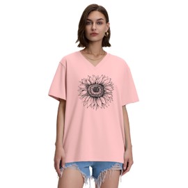 ADOREJOY Oversized Tshirts for Women V Neck Summer Short Sleeve Casual Loose Tunic Tees, Pink Black Sunflower, XL