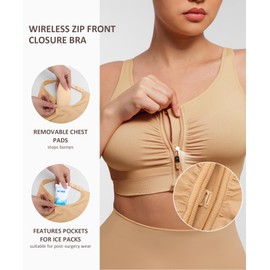 FeelinGirl Post Surgery Compression Bras for Women Mastectomy Bra No Underwire Zip Front Closure Bra with Adjustable Straps(Saddle Brown L)