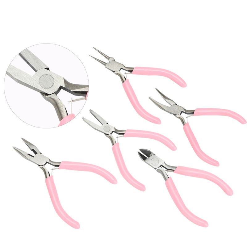 5pcs Mini Pink 4in Metal Pliers Set Kit Cutter Handwork