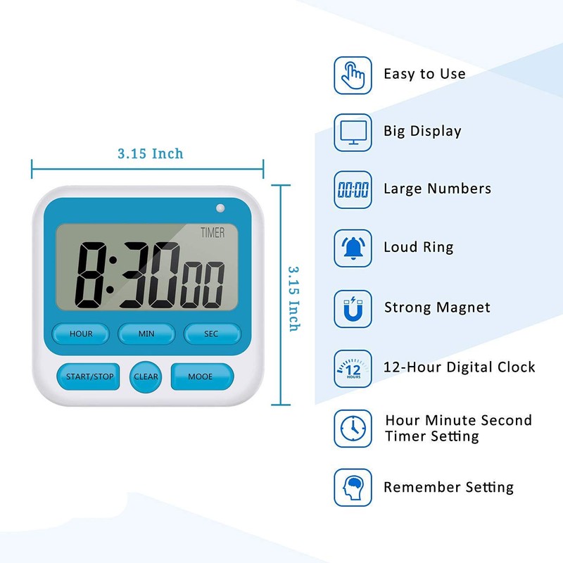 Upgraded Digital Kitchen Timer, ON/Off Switch, 12/24 Hour Clock and