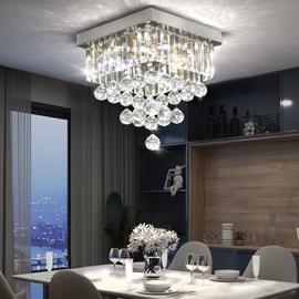 11.8'' Modern Square Crystal Chandelier, 3000K-6500K 3-Color Chandelier Flush Mount Ceiling Light Fixture for Dining Living Room Bedroom