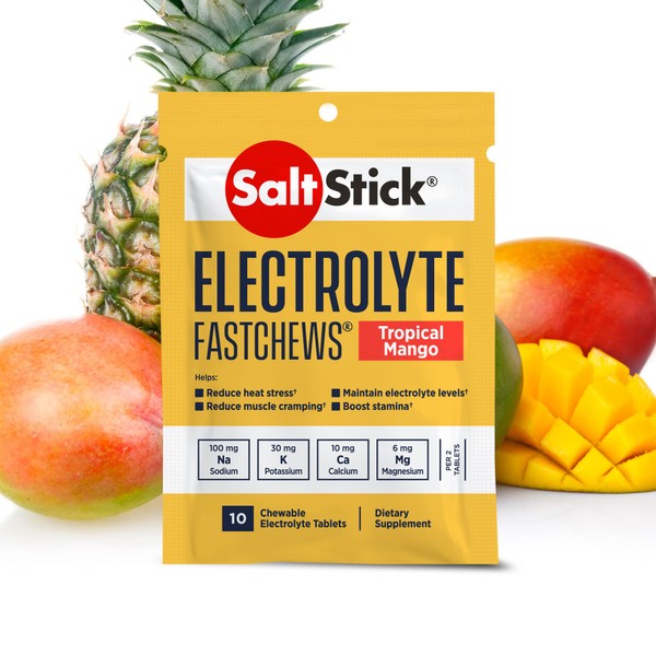 SaltStick FastChews Electrolytes - 120 Chewable Electrolyte Tablets - Tropical Mango Flavor - Salt Tablets for Fast Hydration, Leg Cramps Relief, Sports Recovery - 12 Packets with 10 Tablets Each