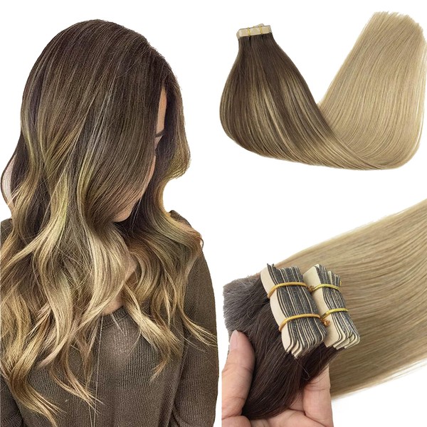 GOO GOO Tape Extensions, Chocolate Brown to Dirty Blonde, 20 Pieces, 50 g, 40 cm, Tape-In Extensions, Real Hair Extensions, Real Hair Tapes