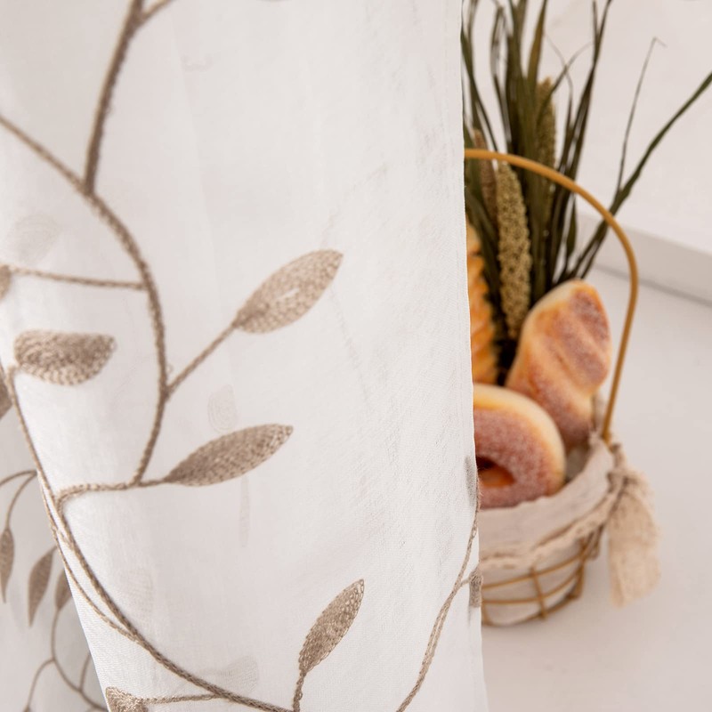 MIULEE 2 Panels Brown Leaves Embroidered Sheer Window Curtains Beautiful