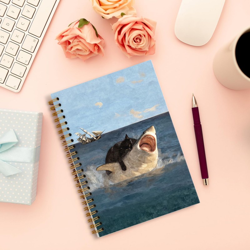 Foritho Funny Black Cat Shark Notebook, Retro Black Kitty and