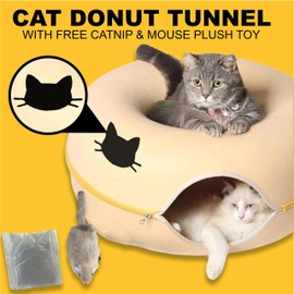 Laluz 2021 Large Cat Tunnel Bed for Multiple & Large Cats Up to 30 Lbs with 2 Toys, Scratch Resistant, Comfy Donut, Detachable & Washable Cat Donut Tunnel Bed (Beige)