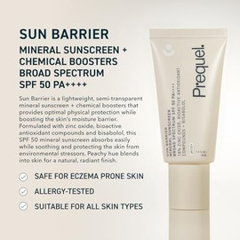 Prequel Skin Sun Barrier Protector solar mineral SPF 50. PA++++ Protector solar de óxido de zinc de amplio espectro con textura ligera semitransparente. Defensa UV hidratante para cara. Tamaño de