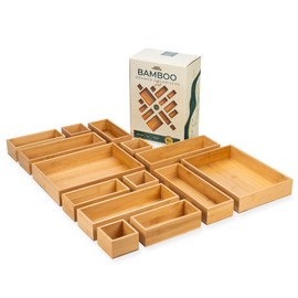 Grow Forward 14-Piece Bamboo Bathroom Drawer Organizer Trays - Wood Junk Drawer Organizers for Kitchen, Office, Vanity, Desk, Nightstand - Nesting Storage & Organization Boxes in 4 Assorted Sizes