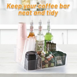 JynJyn Acrylic Coffee Station Organizer 13-Inch, 5 Compartments Coffee Caddy with Handle, Home & Office Countertop Organizer for Creamer, Tea, Syrup, Cup, Stirrer