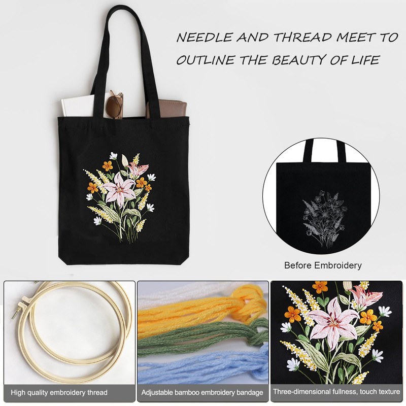 Puedno Embroidery Tote Bag Kits, Beginners Cross Stitch Canvas Bag