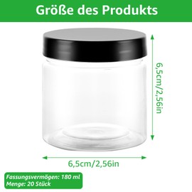 YAYODS Pack of 20 Plastic Containers with Black Lids - 180 ml Transparent Storage Jars - Reusable Round Airtight Tin for Kitchen at Home, Condiments, Condiments, Confectionery, Tea, Nuts