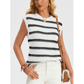 LILLUSORY Women Sweater Vest Sleeveless Sweater Tank Tops Crew Neck Knit Vest Tops Fall Trending Outfits 2024 StripedWhite S