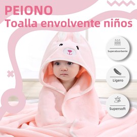 PEIONO Toalla para Niños, Toalla de Baño con Capucha para Niños, Superabsorbente, Cómodo y Suave Forro Polar, Paquete de una Sola Pieza, Absorbe Rápidamente el Agua para Que tu Hijo no Pase Frío(Rosa)