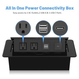 Pop Up Power Strip with USB C Ports, Recessed Power Grommet Outlet Hub Connectivity Box, Pop Up Outlets Socket for Table Conference Room Countertop, 2 AC Outlets, USB A and USB C Charging Ports