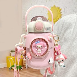 Woskailly Cute Stainless Steel Water Bottle, Straw Thermos Mug with Portable Stylish Perfect Sport Set, Vacuum Insulated Bottles 24.6oz (Pink)