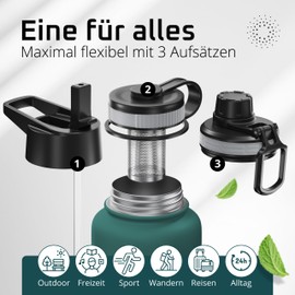 Trinkflasche Edelstahl ACTIVE FLASK + Strohhalm (3 Deckel) BPA-frei, Auslaufsicher, Kohlensäure geeignet - Wasserflasche Fahrrad Thermosflasche Isoliert Isolierflasche Sport Wasser Flasche Kinder Tee
