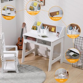 Garvee Kids Desk and Chair Set, Study Desk for Boys and Girl, Wooden Kids Writing Table with Cloth Drawers and Pen Holder
