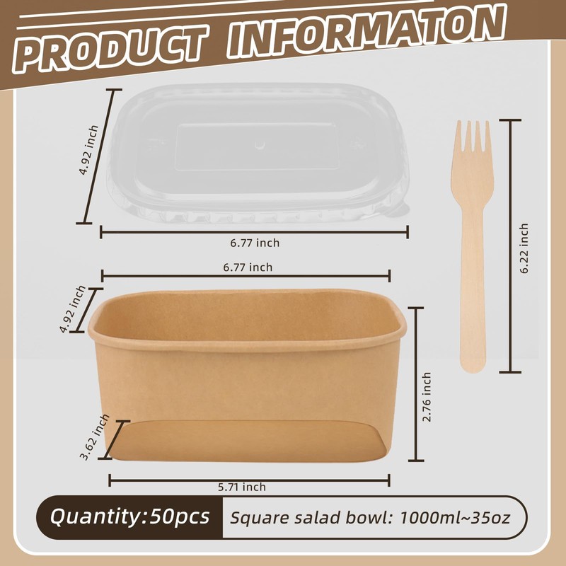 DeziWood 50 Pack 35 oz Paper Food Containers with Lids,