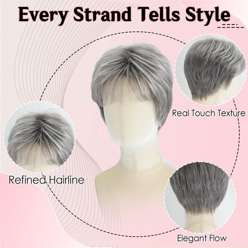 Mixed Grey Pixie Cut Wig for White Women – Short