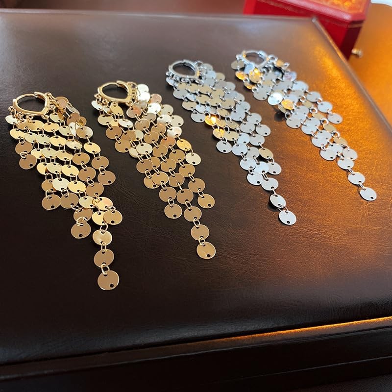 Long Sequin Tassel Statement Dangle Earrings for Women (V-Gold)