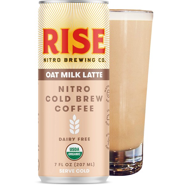 RISE Brewing Co. | Oat Milk Nitro Cold Brew Latte (12 Pack) 7 fl. oz. Cans - Organic, Non-GMO | No Sugar Added & Vegan | Draft Nitrogen Pour, Clean Energy, Low Acidity & Refreshingly Smooth
