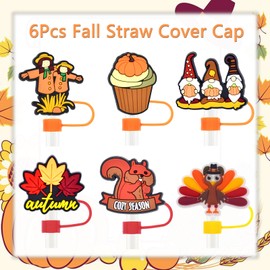 Fall Straw Cover Cap 6Pcs Thanksgiving Straw Topper 10mm Silicone Straw Cup Cover Pumpkin Turkey Squirrel Maple Leaf Gnome Straw Covers Autumn Straw Lid Protector for 30&40 Oz Tumbler Cup Accessories