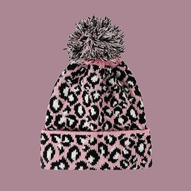 LUMoony Women's Leopard Print 1 Piece Winter Knitted Hat Fashionable Warm Women's Hats Knitted Hat Winter Hat Knitted Hat Warm Hat Animal Print Knitted Hat with Pom Pom Warm Hat, pink