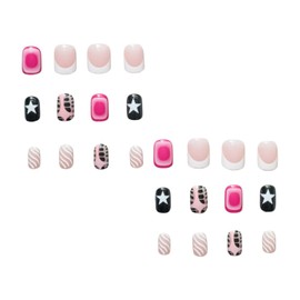 24 PCS Nude Pink Press on Nails Short Square Spring Fake Nails Press Ons Nail Art Tips Acrylic Nail Kit Glue on Nails Full Cover False Nails with Star Print French Turtle Stripe Design for Women