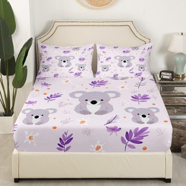 Feelyou Kids Cartoon Koala Bedding Set Full Size Cute Koala Fitted Sheet for Teens Boys Girls Room Decor Koala Floral Plants Bed Sheets Soft Deep Pocket Sheets Set,No Flat Sheet