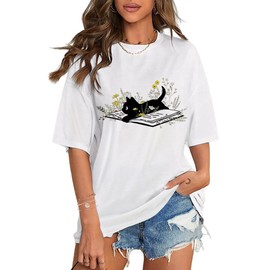 Flafens Shirts Oversized Tshirts for Women Cute Graphic Tees T Shirts Print Loose Short Sleeve Tops Teen Girls Cool Black Cat Design Clothing for Womens, X-Large