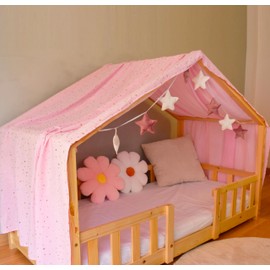 YellowNest House Bed Canopy - 100% Cotton - Bed Canopy House Bed Made of Muslin - Canopy Bed Curtains for Bed 90 x 190 and 140 x 200 cm - Without Bunting Children's Room Star (Rose, 130 x 400 cm)