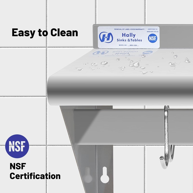 HALLY Stainless Steel Shelf with 6 Hooks 12" x 36"