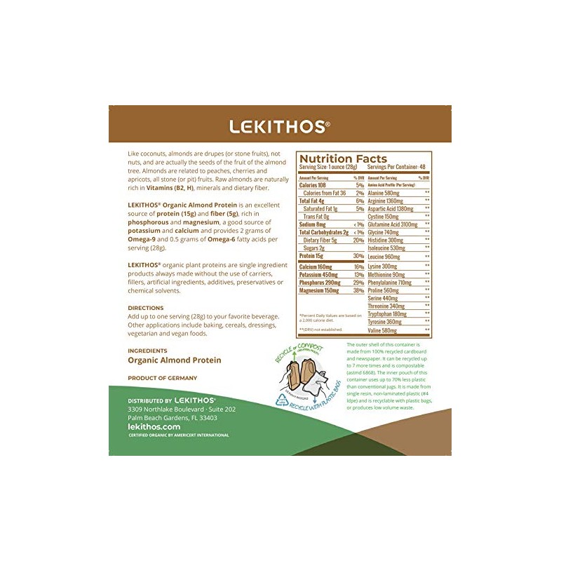 Lekithos Organic Almond Protein Powder - 3 lb - 15g