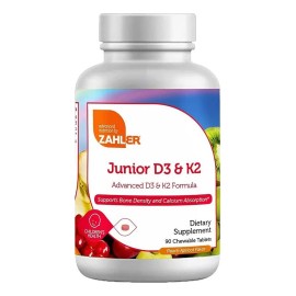 👶 Zahler Junior D3 + K2 – Suplemento Infantil para Huesos Fuertes y Crecimiento Saludable (90 tabletas masticables sabor durazno)