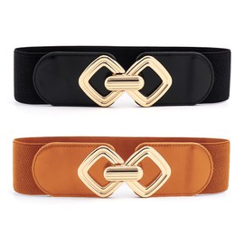 TTPSRY Pack of 2 Women's Wide Belt Elastic Fashion Waist Belt Stretchy Leather Belt for Dress Elastic Belt Hook Buckle, Black and light brown