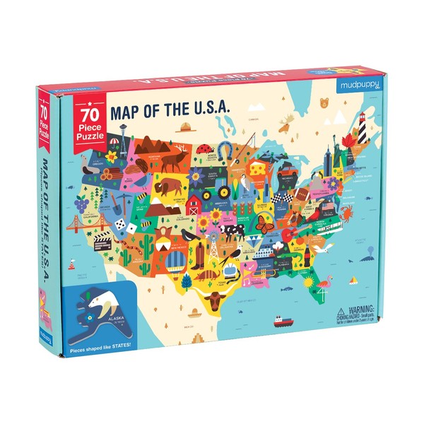 Mudpuppy Map of The United States of America Puzzle, 70 Pieces, 23”x16.5, Ideal for Kids Age 5+, Learn All 50 States by Name & Capital, Double-Sided Geography Puzzle with Pieces Shaped Like The State