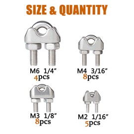 ISPINNER 25pcs Stainless Steel Wire Rope Cable Clip Clamp Assortment Kit 1/16" 1/8" 3/16" 1/4"