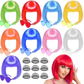 Short Bob Wigs and Heart Sunglass Set Colored Wigs for Women Men Bachelorette Christmas Daily Costume Party Decorations, Neon Wigs with Free Wig Cap Natural As Real
