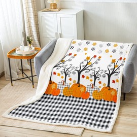 Fall Pumpkin Harvest Throw Blanket,Kids Adults Bedroom/Country Cottage Decor,Black White Plaid Bed Blanket,Maple Autumn Leaves Fleece Blanket,Rustic Bright Fuzzy Blanket,Throw Size (50 x 60 Inches)