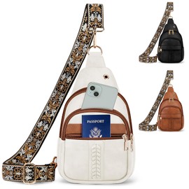 SDYSM Sling Bag for Women, PU Leather Crossbody Bag Braid Design Fanny Pack Small Travel Purses Shoulder Chest Bag for Travel Casual Daily,Beige and Brown