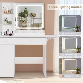 Lynxor Vanity Desk with Mirror and LED Lights, Makeup Vanity Table with Charging Station, Storage Drawers, Shelves, Adjustable Cabinet & Stool, Perfect for Bedroom or Dressing Room, White