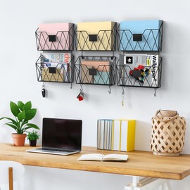 YBING Wall File Organizer Mesh Hanging Wall Files Holder 6 Pack Hanging Wire Magazine Rack and Mail Holder with Hooks Office Wall Organizer for Papers Folders Files Clipboard Black