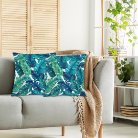 Swono Palm Leaves Bed Pillow Covers, Tropical Beach Turquoise Green Palms Decorative Throw Pillow Cover Cushion Case for Sofa Bed Living Room Farmhouse Decorations, 18"X18" 2 Pieces Pillowcases