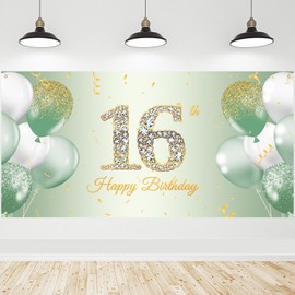 Roetyce Sage Green 16th Birthday Banner, Sweet 16 Party Decorations for Girls, Happy 16th Birthday Background, 16 Years Old Party Supplies