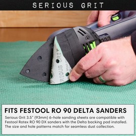 Serious Grit - 3.5" (93mm) 6-Hole 150 Grit Triangle Sanding Sheets - Fits Festool Rotex RO 90 Delta - Heavy-Duty Hook & Loop Film Disc Abrasives - Sandpaper for Detail Sanders - 50 Pack Box