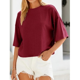 Saodimallsu Womens Oversized Sweaters 3/4 Sleeve Crewneck Pullover Casual Lightweight Loose Fall Knit Tops Burgundy