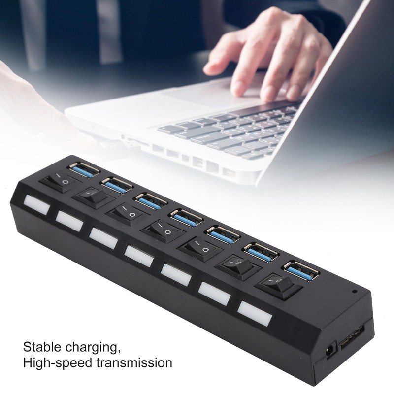 USB Hub 3.0 7‑Port High Speed Splitter Individual Switches Power