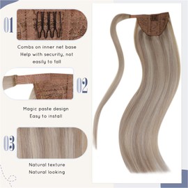 LaaVoo Blonde Ponytail Extension Human Hair Ash Blonde Highlighted Bleach Blonde Hair Extensions Ponytail 12 Inch Wrap Around Pony Tails Human Hair Clip in One Piece Straight 70g/set